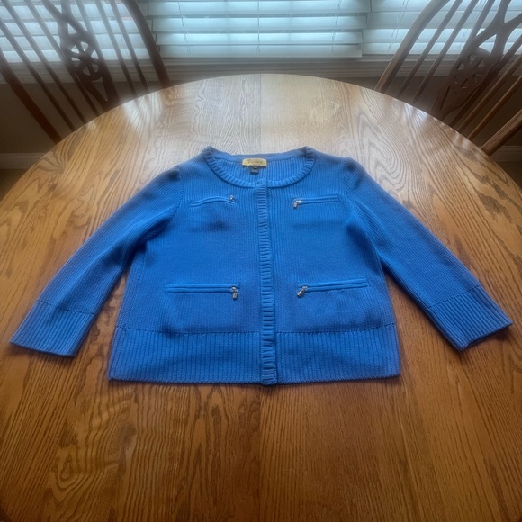 St. John Blue Silk Cardigan Sweater Size M 3/4 Sleeve Collarless - Picture 1 of 12